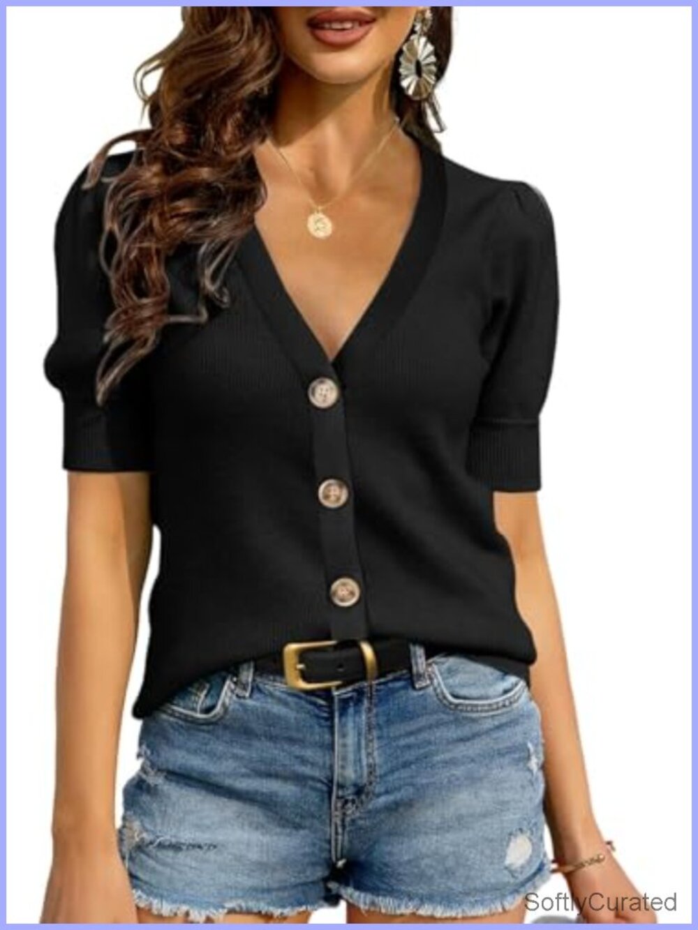 Womens Puff Short Sleeve Ribbed Knit Sweater Button Down V Neck Pullover
